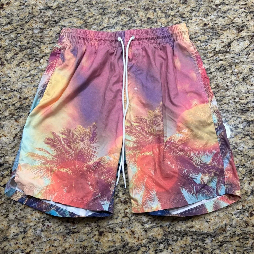 Mens Tropical Sunset Palm Tree Swim Trunks Pink Orange Blue Beach Shorts Small